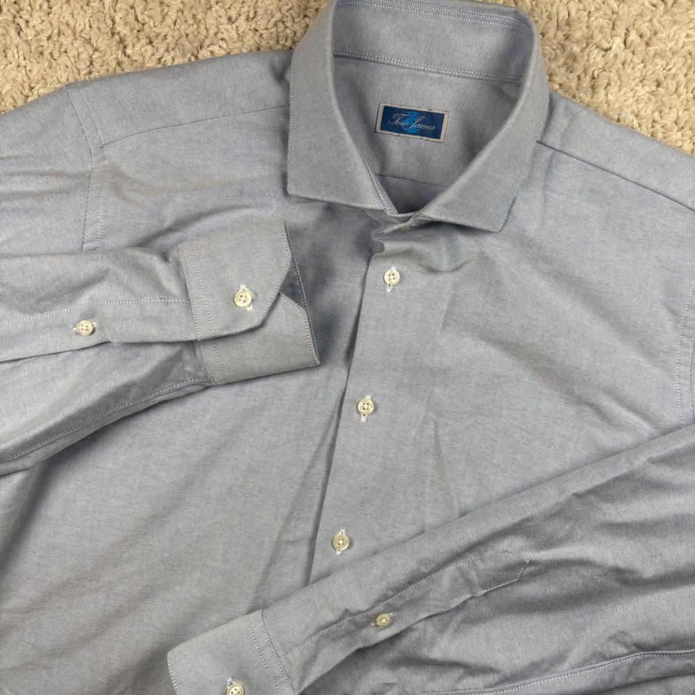 Tom James Mens Dress Shirt 17.5 33 Blue Oxford Cloth Custom Made USA Minimalist